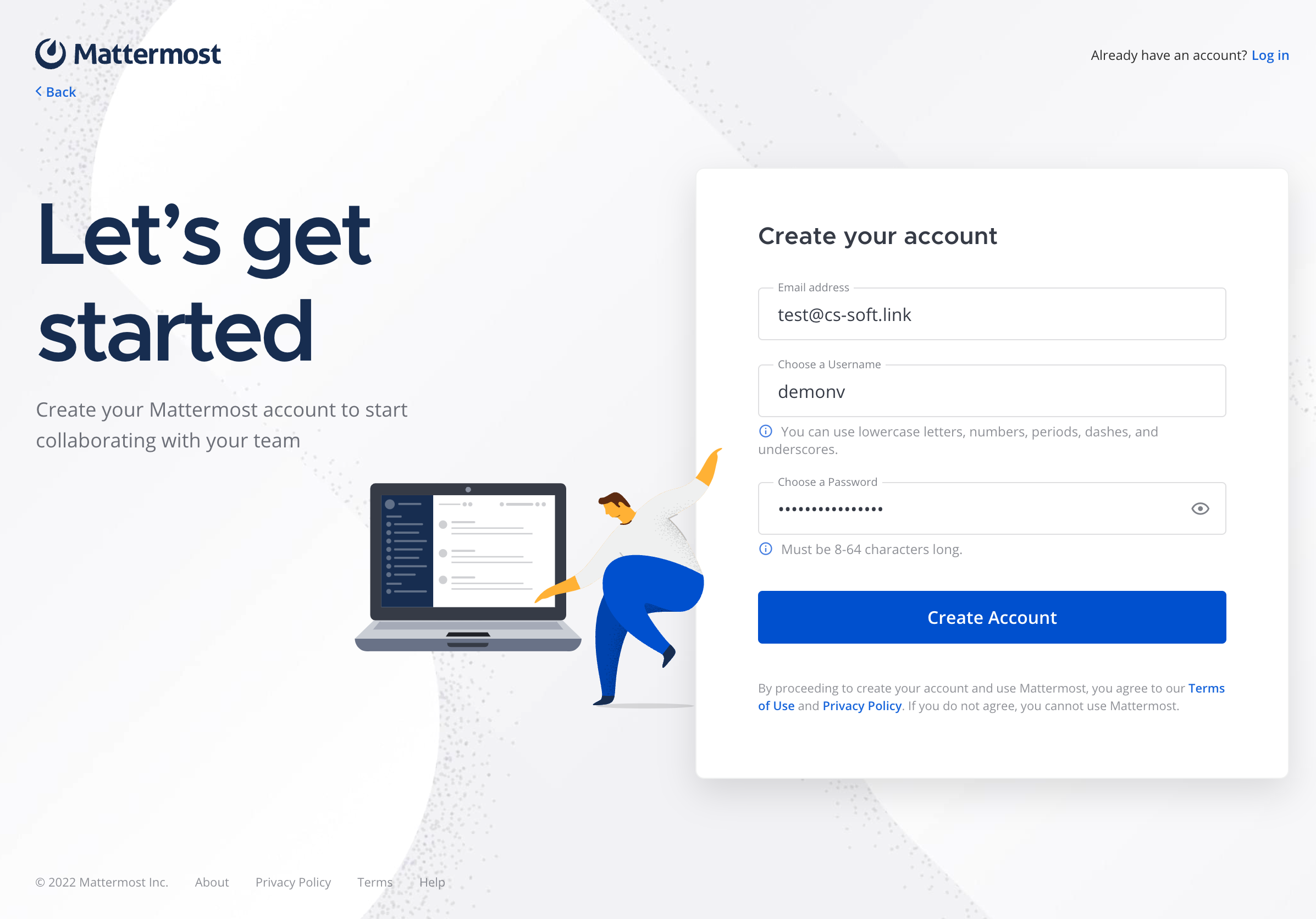 Create account mattermost